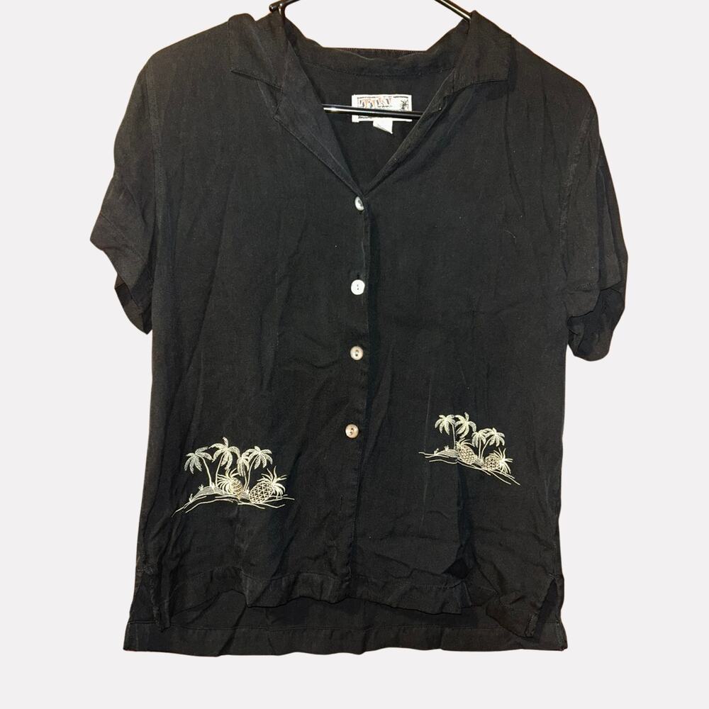 Tiki Classics Vintage 90s Small Black Silk Hawaiian Camp Shirt Embroidered Palm